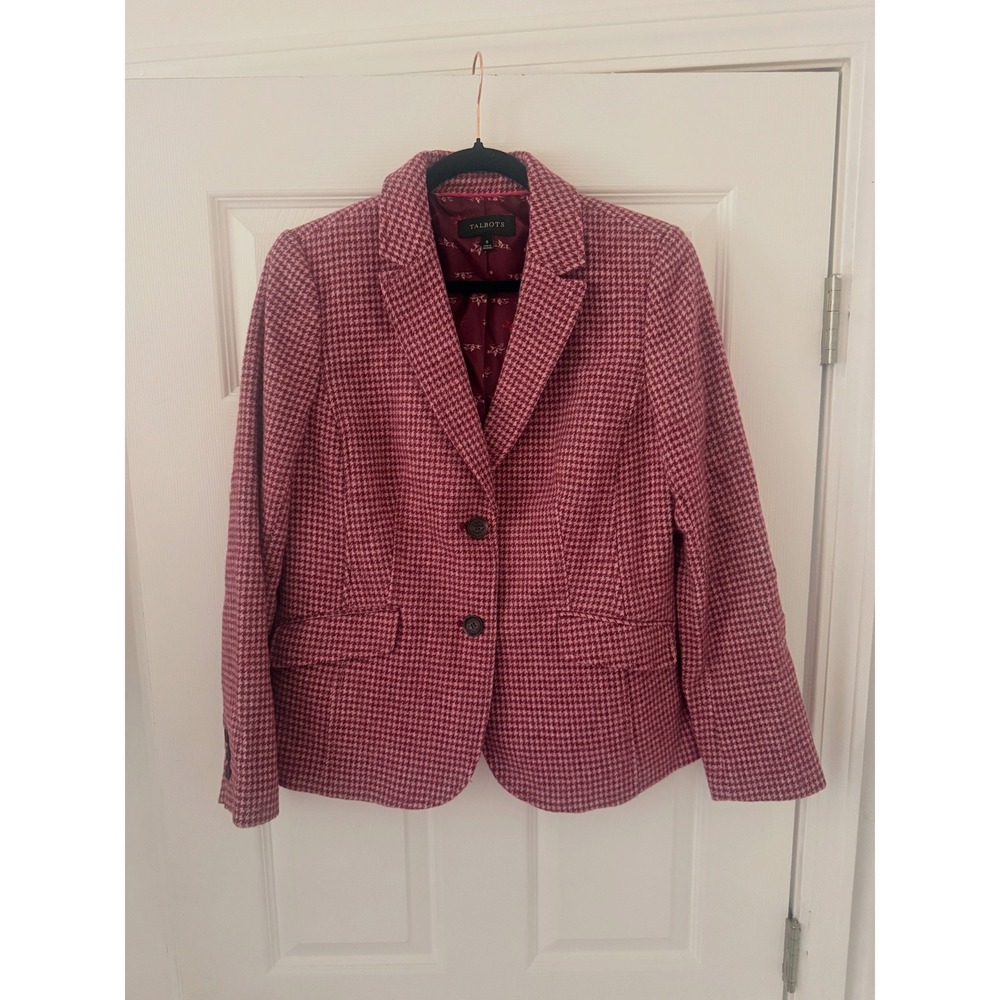 Talbots Womens Burgundy Pink Houndstooth Wool Blend Blazer Jacket Size 8 PH5090